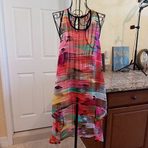 Sheer Tribal Print Multi-Colored Tunic Hi-Lo Tank Top